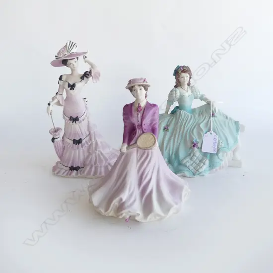 3 COALPORT FIGURINES; ON THE BALCONY (FLOWER AF), BEAU MONDE ON COURT, CHARLOTTE A SUMMER STROLL H.220mm