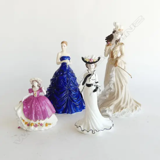 4 FIGURINES; COALPORT 'HELENA RIDING IN HYDE PARK' H.215mm, ROSE, LADY FRANCES, R. DOULTON 'THANK YOU' (BLUE DRESS)