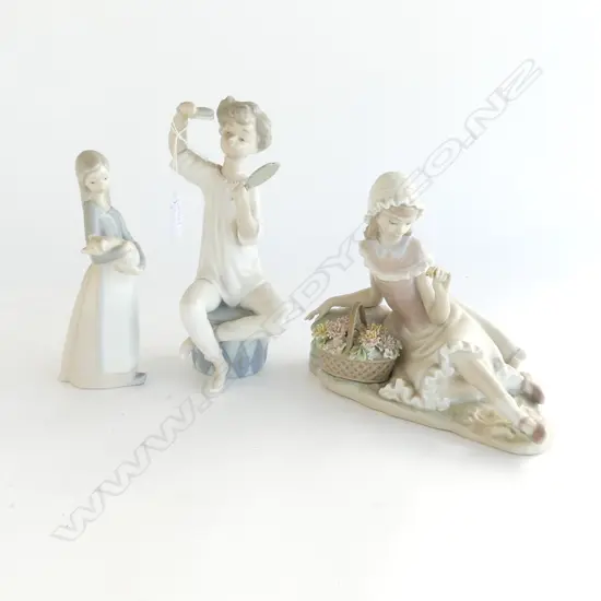 3 LLADRO FIGURINES; BOY w. MIRROR (REPAIR) H.210mm, GIRL w. FLOWERS (FINGER REPARED), GIRL w. PIG