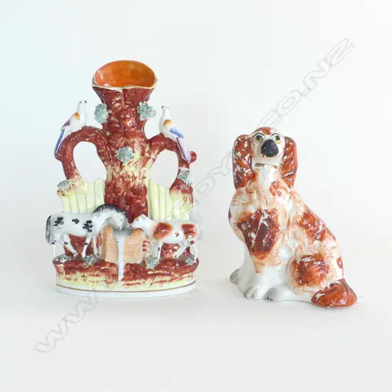 2 PCS STAFFORDSHIRE; VICTORIAN FLATBACK SPILL VASE, HORSES & BIRDS H.260mm & RED/WHITE SPANIEL (surface damage) H.180mm