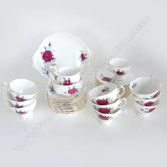 ROYAL ALBERT 'SWEET ROMANCE' TEA SET; 10 CUPS (1 w. HAIRLINE), 11 SAUCERS, 12 PLATES, CAKE PLATE, MILK & SUGAR