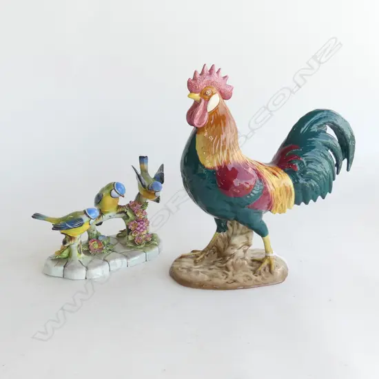 ROYAL ADDERLEY 'TREBLE BLUE TITS' + BESWICK 'LEGHORN' ROOSTER (TAIL REPAIRED) H.235mm