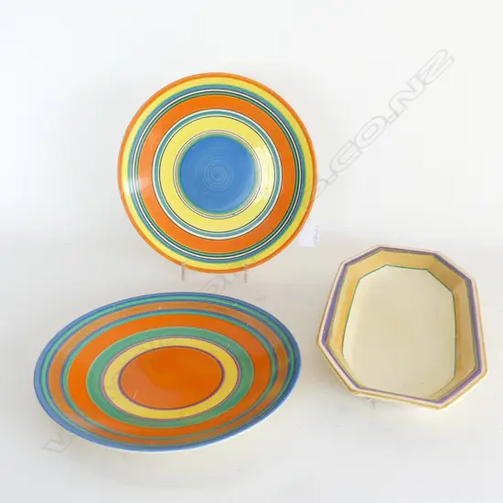 2 CLARICE CLIFF H/PAINTED BIZARRE PLATES 230mm dia + OCTAGONAL DISH L.300mm
