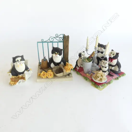 3 BORDER FINE ARTS LINDA JANE SMITH 'COMIC & CURIOUS CATS'; LAST NIGHT AT THE TOMS, FISH & CHIPS, BEES & ROSES H.125mm