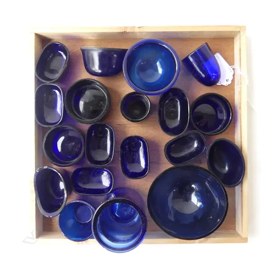 19 VINTAGE COBALT BLUE GLASS LINERS ASSTD. GLASS & PLASTIC, L.45MM-80MM