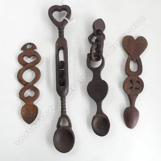 4 VINTAGE WELSH WOODEN LOVE SPOONS 