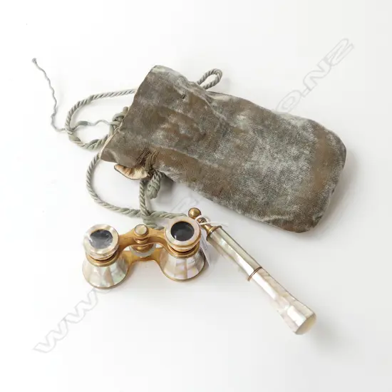 ANTIQUE MOP OPERA GLASSES w ARTICULATED ARM MADE BY DERAISME PARIS (sml pc mop missing), w VELVET BAG AF