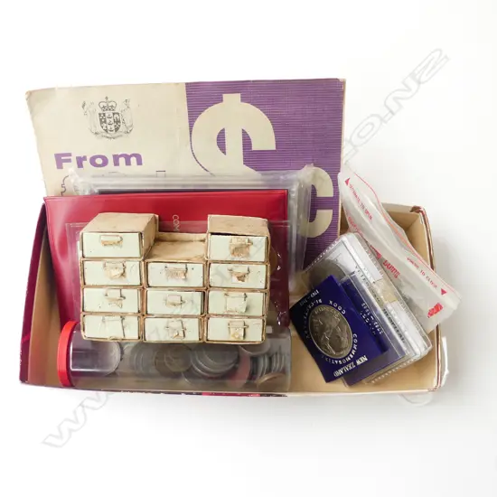 NZ COINS PLUS COOK ISLAND & CHURCHILL COINS, HOME MADE COIN CONTAINER