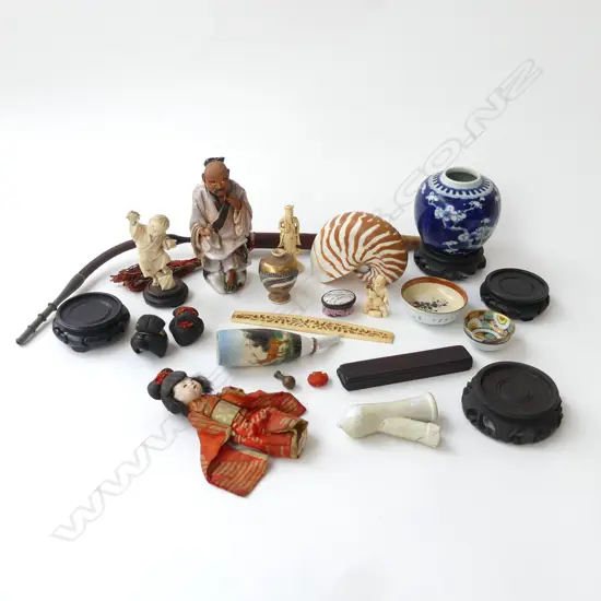 ASST. ORIENTAL ITEMS; PIPE, VASES, FIGURES, NAUTILUS SHELL ETC