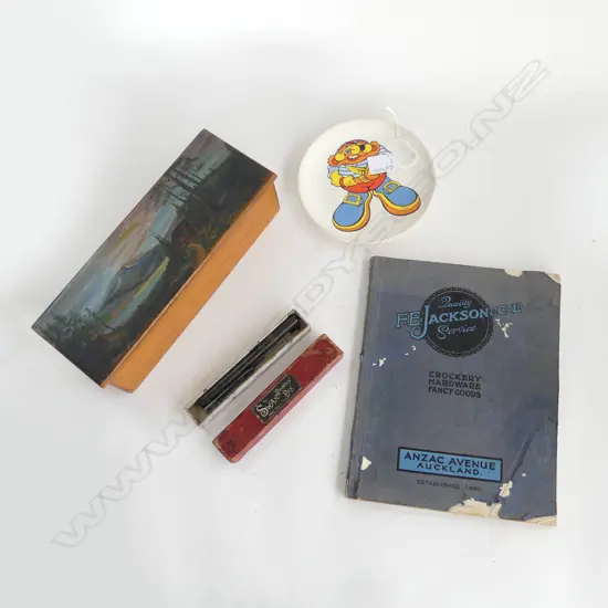 3 PCES; WOODEN BOX W.300mm, F. E. JACKSON CATALOGUE C.1920, 'SWAN' PEN, CROWN LYNN 'PIRATE PETE' SAUCER