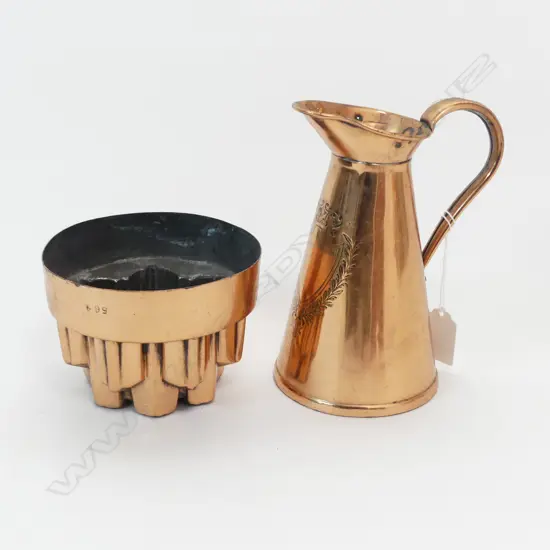 ANTIQUE COPPER JUG H.175mm & JELLY MOULD 125mm dia