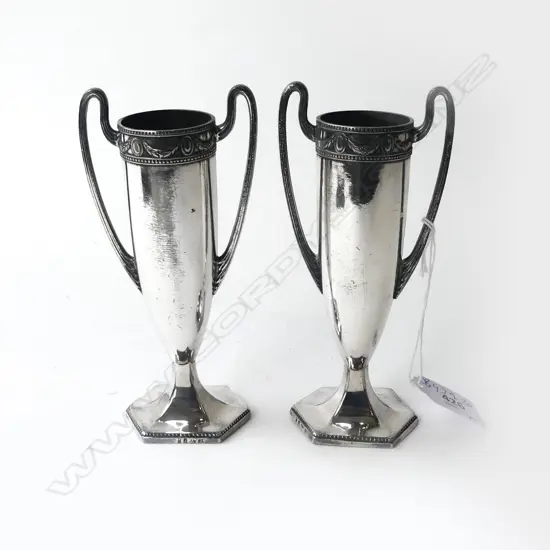 PR WMF SILVER PLATED SPILL VASES, GREEK-STYLE WITH HANDLES & HEXAGON SHAPED BASES, H.150mm