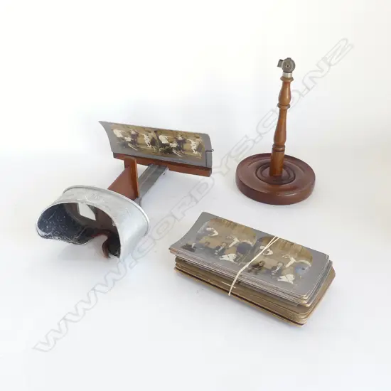 3D VIEWER THE 'PERFECSCOPE' 1895 w. STAND (top broken) & EARLY 20TH PHOTOS INCLS NZ BUSH, LAKE TE ANAU, MANAPOURI  ETC