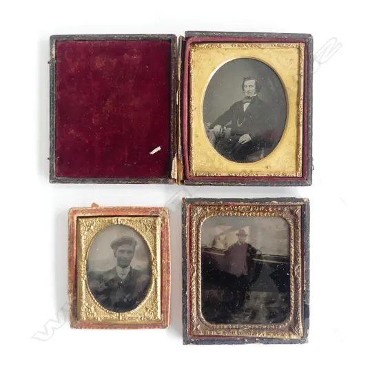 3 MID 19thC GENTS PORTRAITS; AMBROTYPE / DAGUERREOTYPE 95x80mm, CASED