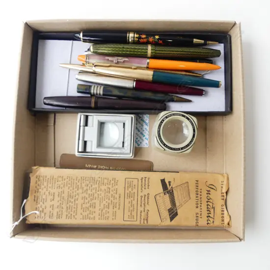 FOUNTAIN & BALL POINT PENS, 2 STAMP MAGNIFIERS & GAUGE
