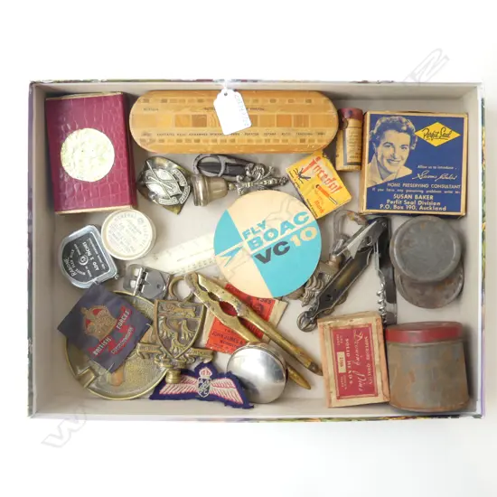 TRAY OF ASSTD. COLLECTIBLES - CARDS, BRUSH, NUTCRACKER, ASHTRAY, BRITISH FORCES ETC