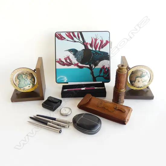 BRASS & LEATHER 1920 DOLLAND LON. EXPANDING TELESCOPE, PR GLOBE BOOKENDS, STONE SCARAB, PARKER PENS & TRAVEL ALARM CLOCK