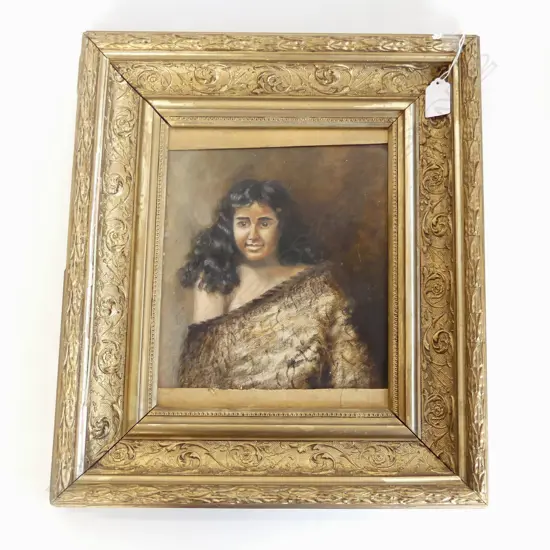 EARLY OIL ON BOARD OF YOUNG WAHINE WEARING TAG KOROWAI, POSSIBLY SIGNED, 250 x 210mm