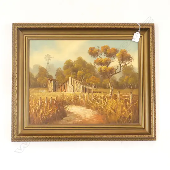 (24976) C. MARTIN OIL ON BOARD OLD FARM COTTAGE & WINDMILL signed 315 x 410mm