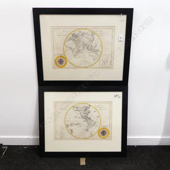 2 ANTIQUE FRENCH WORLD MAPS 255x370mm