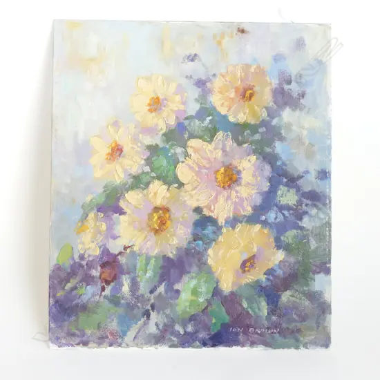 ION BROWN 'DAHLIAS' OIL ON BOARD, SIGNED & ENTITILED, 360 x 310mm