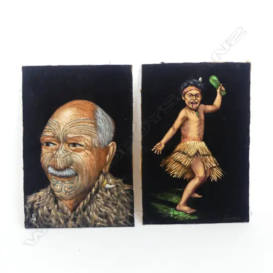 2 SIGNED ARTWORKS (L. ANDREWS, RW) MAORI FIGURES ON VELVET 330x220mm