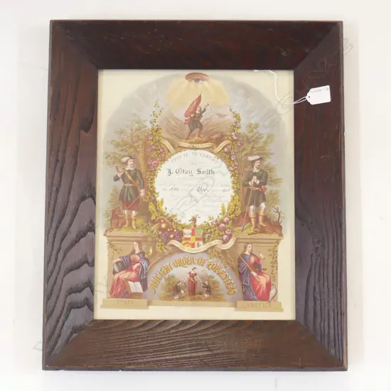 FRAMED CERTIFICATE 'ANCIENT ORDER of FORESTERS' DEC 1915