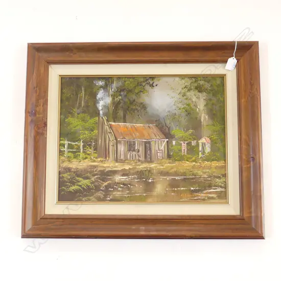 (25558) MICHAEL FINNERTY OIL EARLY COLONIAL BUSH COTTAGE 330 x 445mm Artist's bio verso