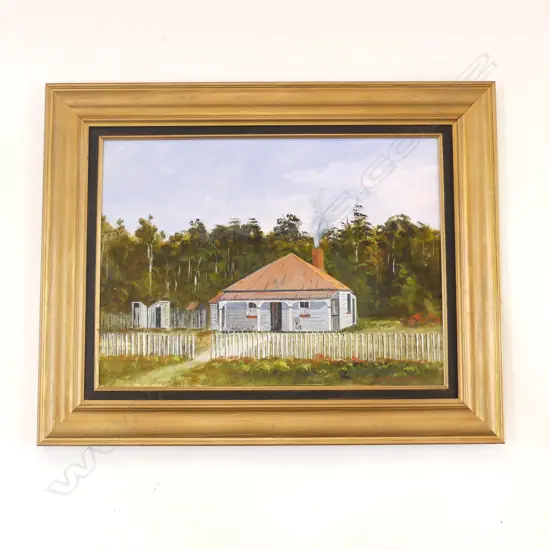 (25558) MICHAEL FINNERTY OIL EARLY COLONIAL COTTAGE 360 x 490mm Artist's bio verso