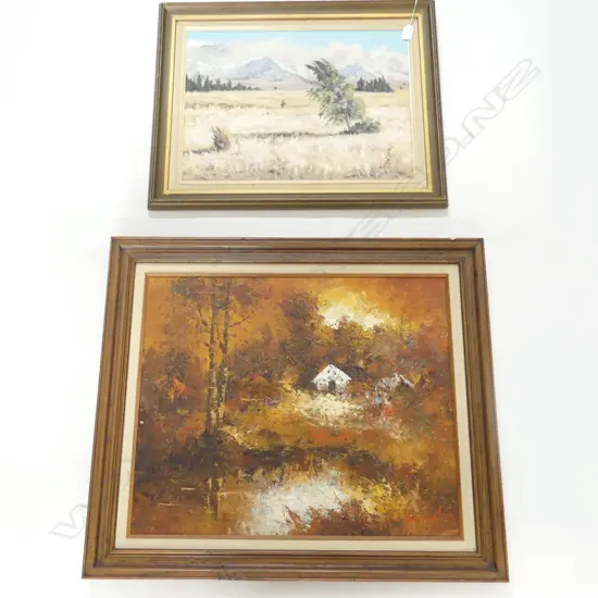 COTTAGE ABSTRACT, OIL ON BOARD SIGNED HANSON, 500 x 600mm & R.P.HULL 'MCKENZIE COUNTRY, 370 x 500mm