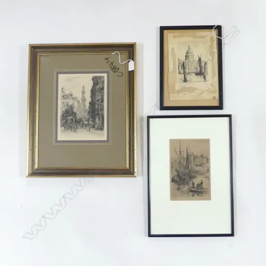 3 ENGLISH ETCHINGS; 'THE STRAND LONDON', 'ST PAULS FROM THE RIVER' & 'TORQUAY HARBOUR', H.250x180/160 x 120/200 x 140mm