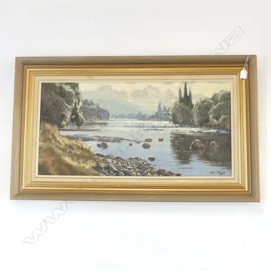 JOHN SPEEDY, WANGANUI RIVER, OIL ON BOARD, SIGNED, ENTITLED & DATED 1985,  380 x 740mm 