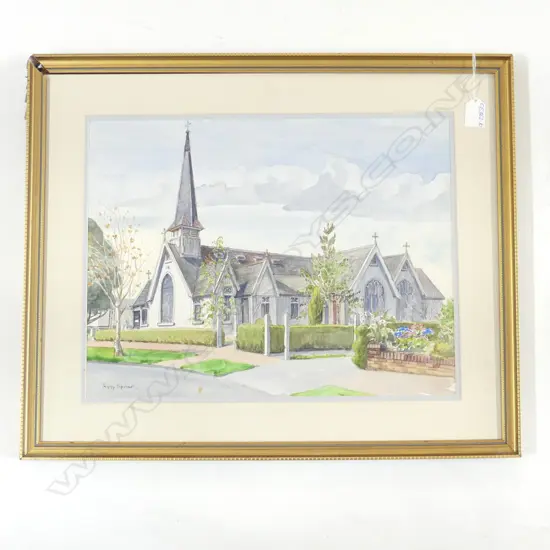 (24946) PEGGY SPICER W/C ST. ANDREW'S CHURCH EPSOM signed. Frame faulted 330 x 430mm