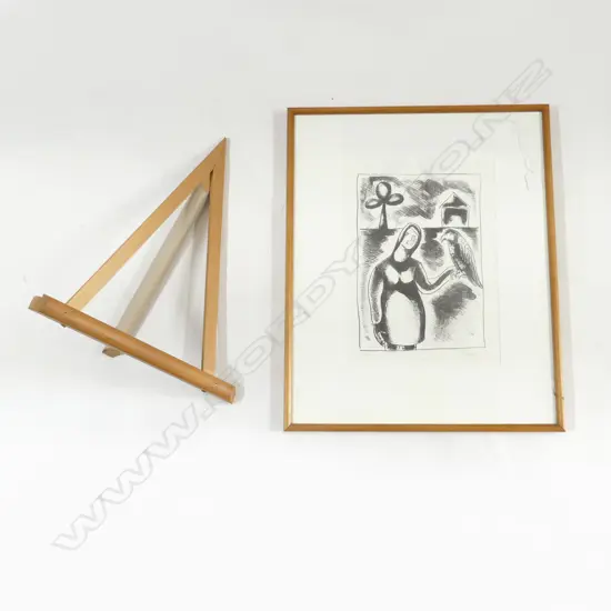 AGNES WOOD PRINT, UNTITLED, WOMAN & BIRD, 12/15 355x260mm slight foxing + wooden stand