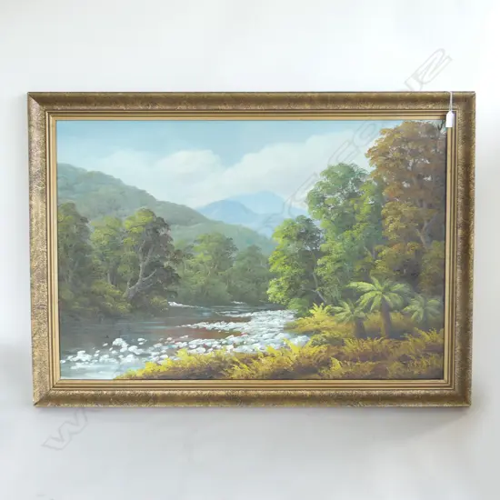 (24957) H. CHILTON 20thC OIL ON BOARD NZ RIVER BUSH & MOUNTAIN SCENE