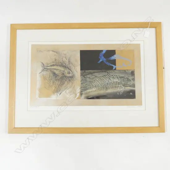 JUSTIN WISHART 'FISH F' MIXED MEDIA, SIGNED & DATED 2002, 350 x 600mm