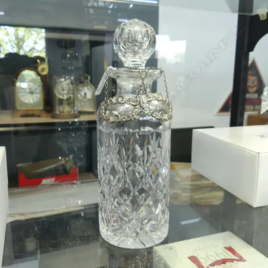 CRYSTAL DECANTER (rim chip) w. 2 STG SILVER LABELS 'BRANDY' & 'PORT' H.250mm
