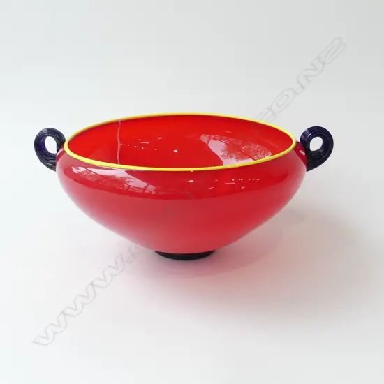 GARRY NASH GLASS BOWL RED w YELLOW RIM signed & dated 1995 Dia.300mm