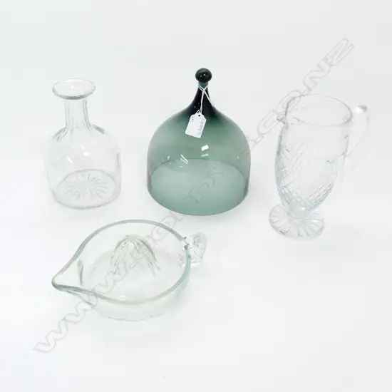 4 PCES GLASS; GREEN DOME, LEMON SQUEEZER, CRYSTAL JUG, NZR CARAFE H.185mm