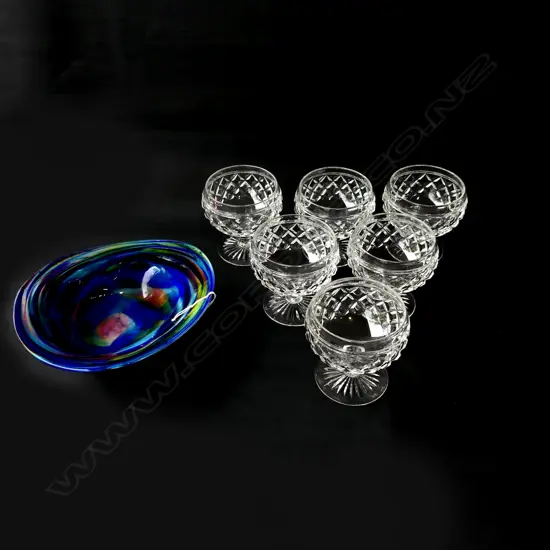 ANTHONY GENET ART GLASS BOWL W.190mm + 6 STUART CRYSTAL GLASSES