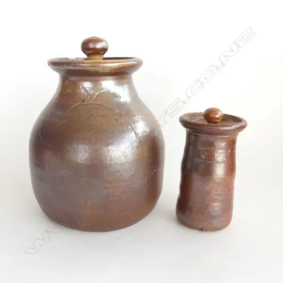 2 NZ STUDIO POTTERY LIDDED JARS 290mm TALLEST