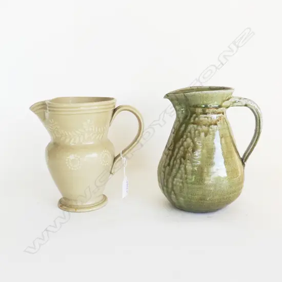 2 POTTERY JUGS; ROYAL DOULTON H.180mm, OTHER GREEN GLAZED