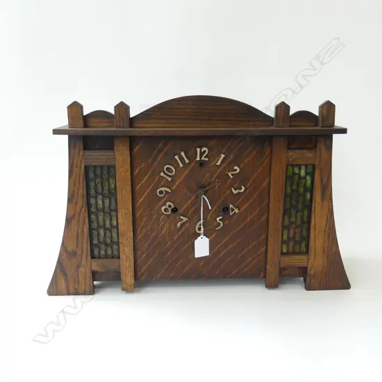 ARTS & CRAFTS OAK MANTLE CLOCK W.500mm w. KEY