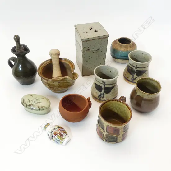 ASST. NZ STUDIO POTTERY; LIDDED SQUARE SECTION POT + MUGS ETC