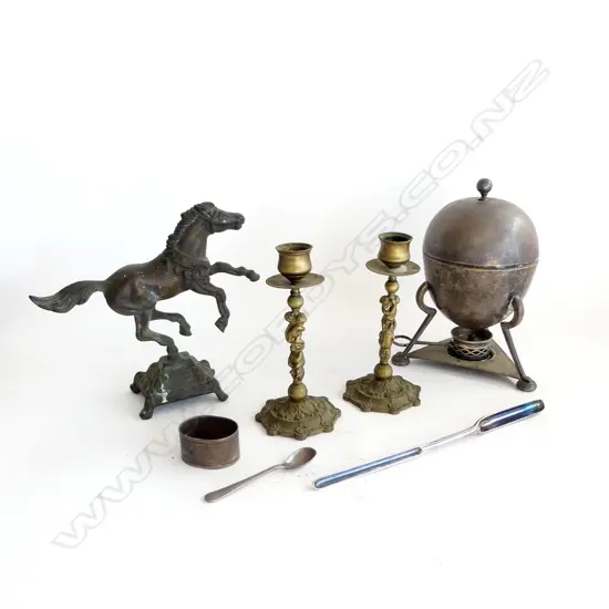 SILVER PLATE EGG CODLER, MARROW SPOON, PR BRASS PUTTI CANDLE STICKS H.150mm & BRONZE? STATUE HORSE H.180mm