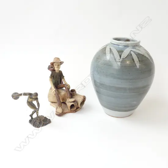 STUDIO POTTERY VASE H.230mm + 2 FIGURES; BRASS DISK THROWER, POTTERY MAN