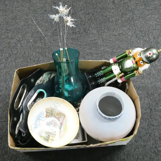 ASST. ITEMS; BAGS, NUTCRACKER, POTTERY VASE ETC