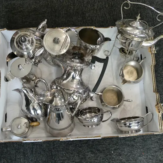 ASSTD. SILVER PLATED POTS, WATER JUG, SPIRIT KETTLE, MILK