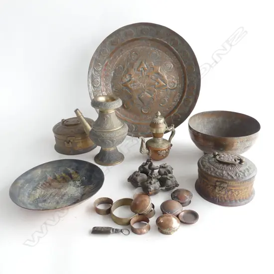 COLLECTION OF MIDDLE EASTERN INCENSE BURNERS ETC & METAL PLATE w FERN PATTERN? 