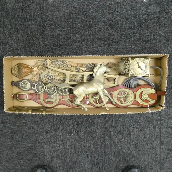 VINTAGE BRASS ITEMS; PR HORSE MEDALLIONS ON LEATHER TACK, BOOT SCRAPER, CLOCK, HORSE &  INDONESIAN FIGURE MADE OF COINS